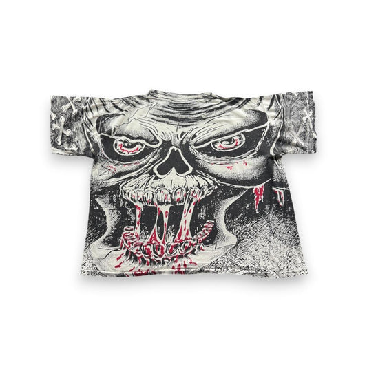 90s Tシャツ スカル 総柄 AOP ホラー 白黒 a-t-2505-013