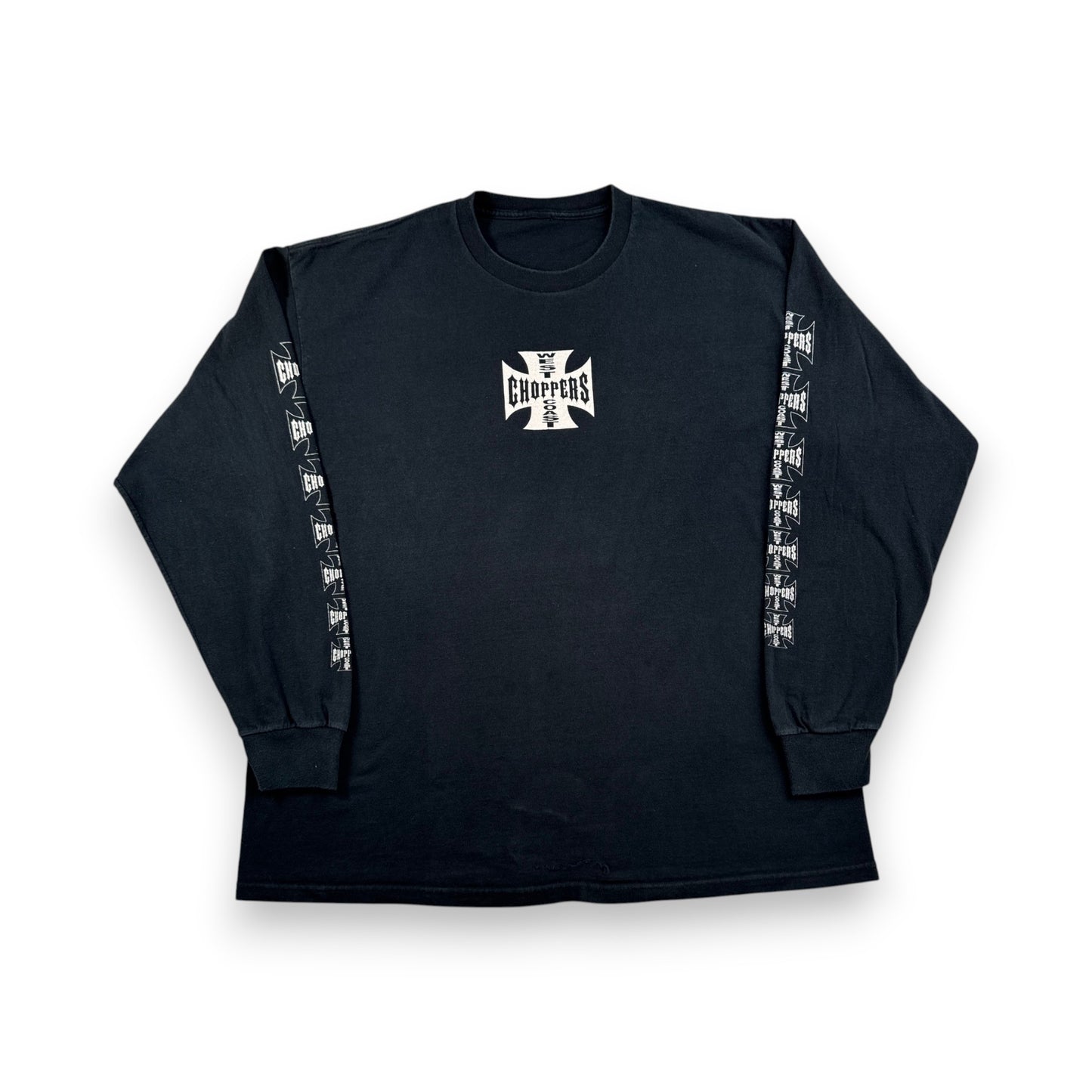 90s 00s WEST COAST CHOPPERS Tシャツ 長袖 ロンT 袖プリント アイアンクロス ウエストコーストチョッパーズ バイク 黒 co-t-2505-014