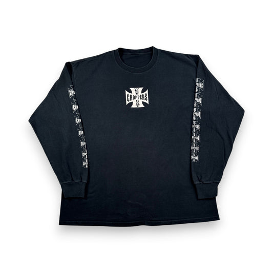 90s 00s WEST COAST CHOPPERS Tシャツ 長袖 ロンT 袖プリント アイアンクロス ウエストコーストチョッパーズ バイク 黒 co-t-2505-014