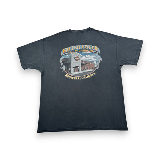 00s ハーレーダビッドソン Tシャツ 黒 炎 ROSWELL killer creek 2004 harley davidson XL co-t-2505-008