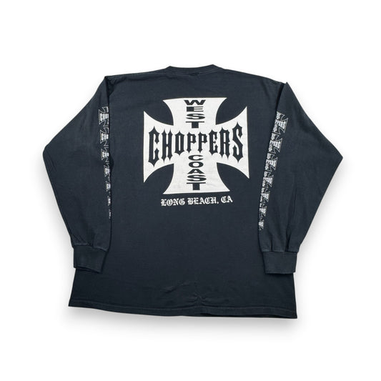 90s 00s WEST COAST CHOPPERS Tシャツ 長袖 ロンT 袖プリント アイアンクロス ウエストコーストチョッパーズ バイク 黒 co-t-2505-014