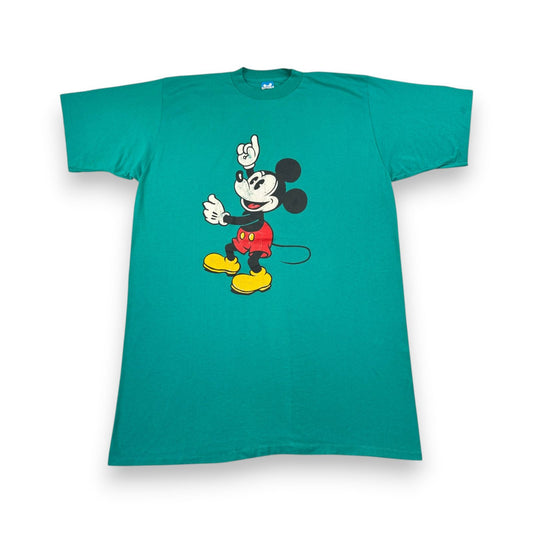 超特大 80s ミッキー ディズニー Tシャツ ターコイズ 青タグ Disney シングルステッチ d-u-2505-025