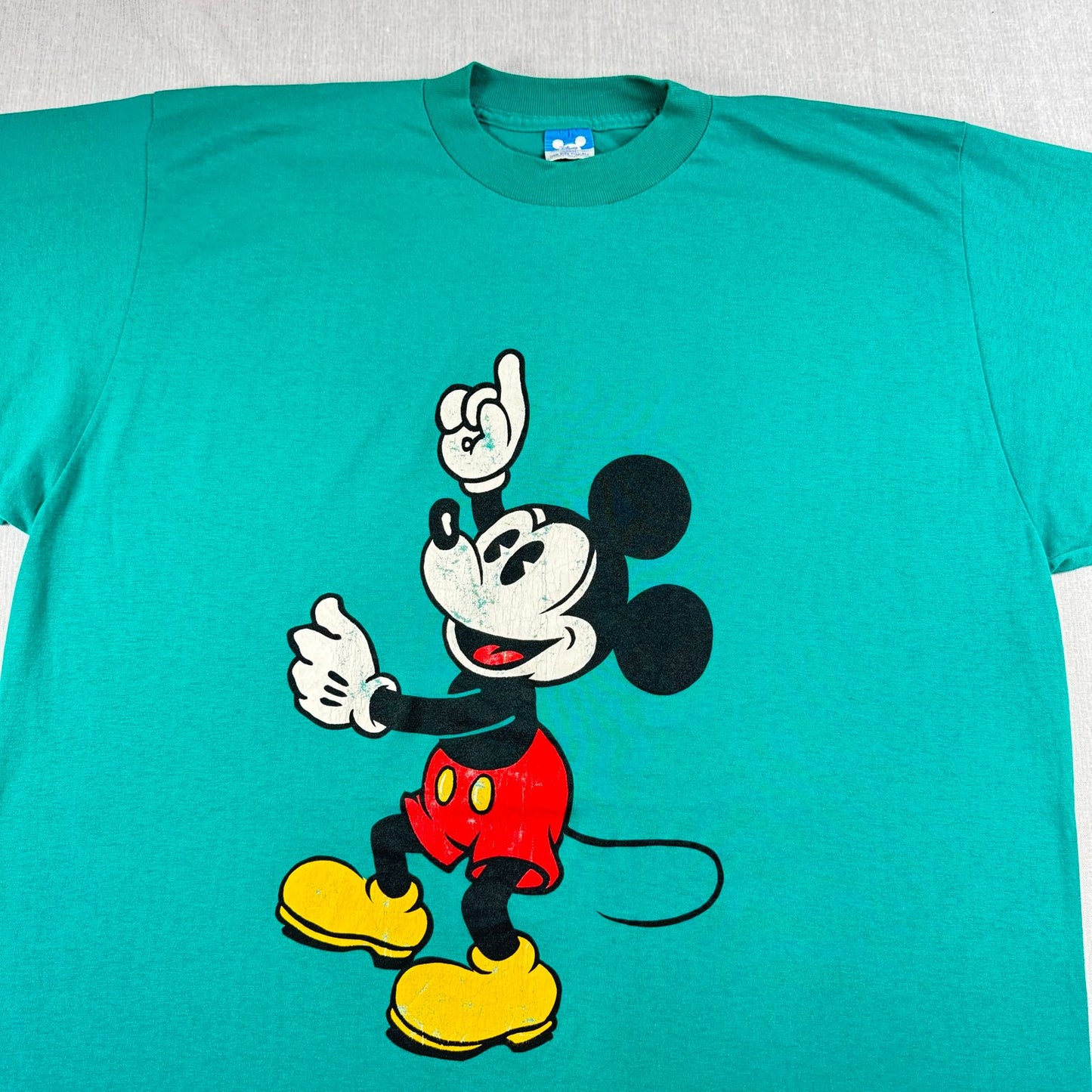 超特大 80s ミッキー ディズニー Tシャツ ターコイズ 青タグ Disney シングルステッチ d-u-2505-025