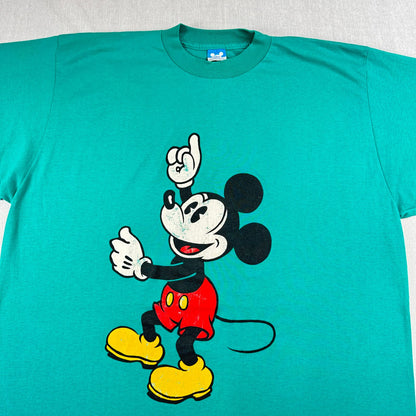 超特大 80s ミッキー ディズニー Tシャツ ターコイズ 青タグ Disney シングルステッチ d-u-2505-025