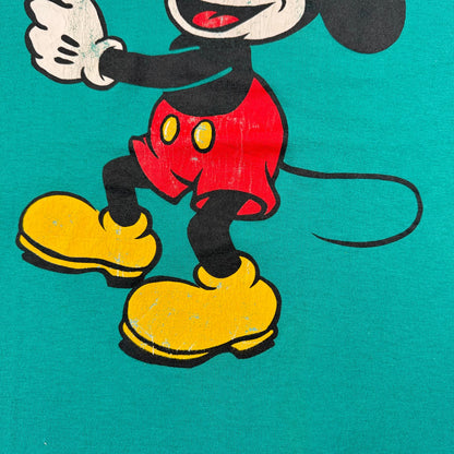 超特大 80s ミッキー ディズニー Tシャツ ターコイズ 青タグ Disney シングルステッチ d-u-2505-025