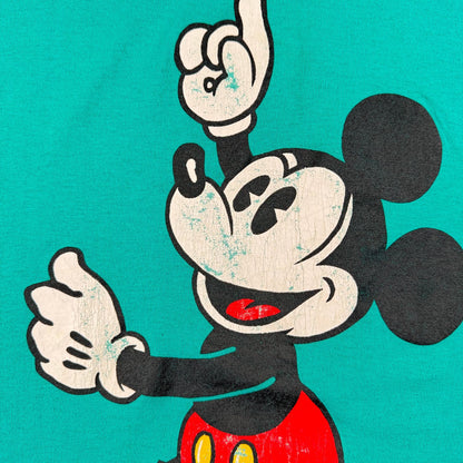 超特大 80s ミッキー ディズニー Tシャツ ターコイズ 青タグ Disney シングルステッチ d-u-2505-025