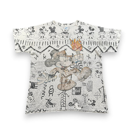 80 90s USA製 ミッキー ディズニー Tシャツ 壁画 VELVA SHEEN mickey disney 総柄 L d-t-2505-007
