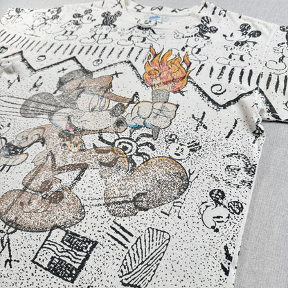 80 90s USA製 ミッキー ディズニー Tシャツ 壁画 VELVA SHEEN mickey disney 総柄 L d-t-2505-007