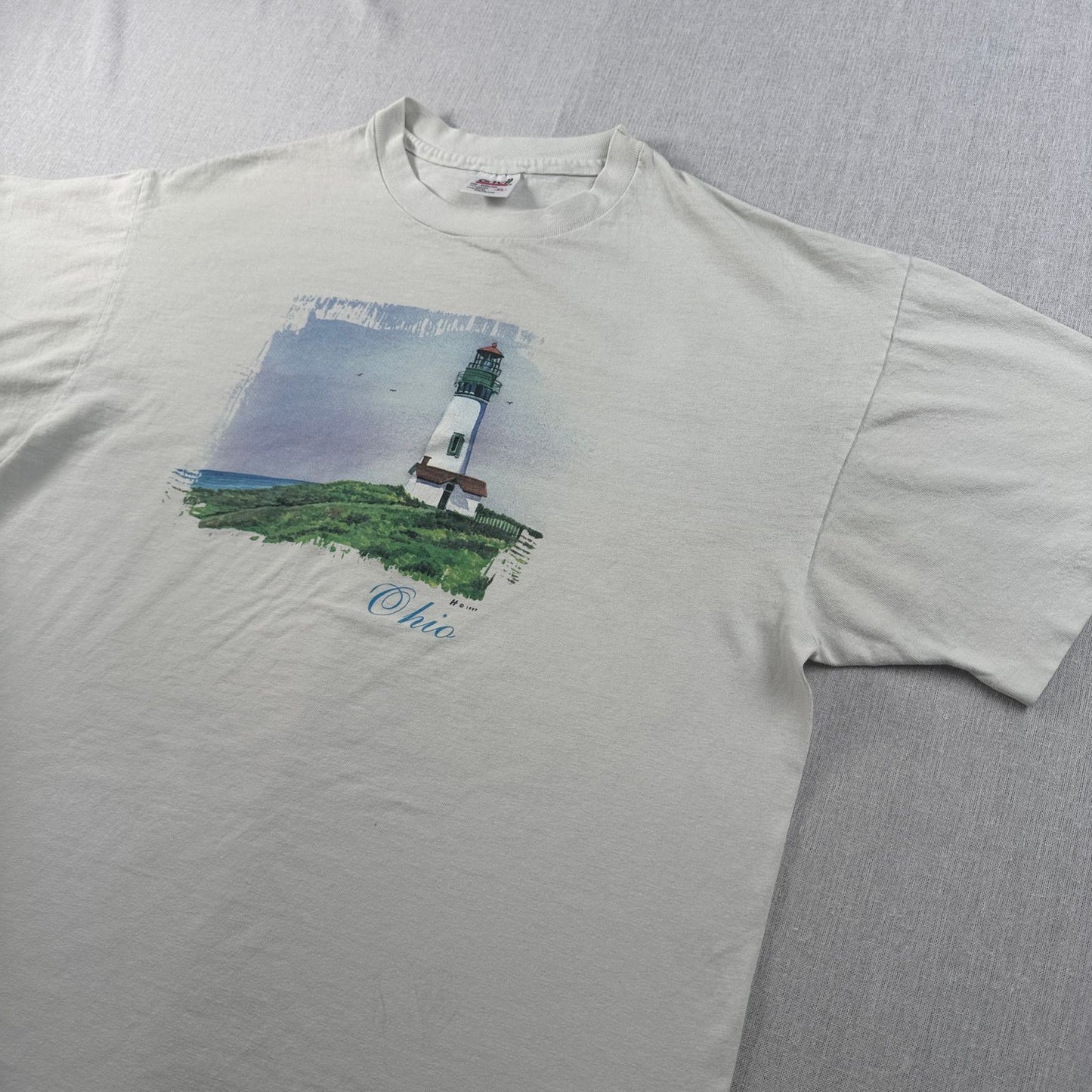 90s 灯台 アートT Tシャツ USA製 anvil XL 白 グレー ch-x-2505-009