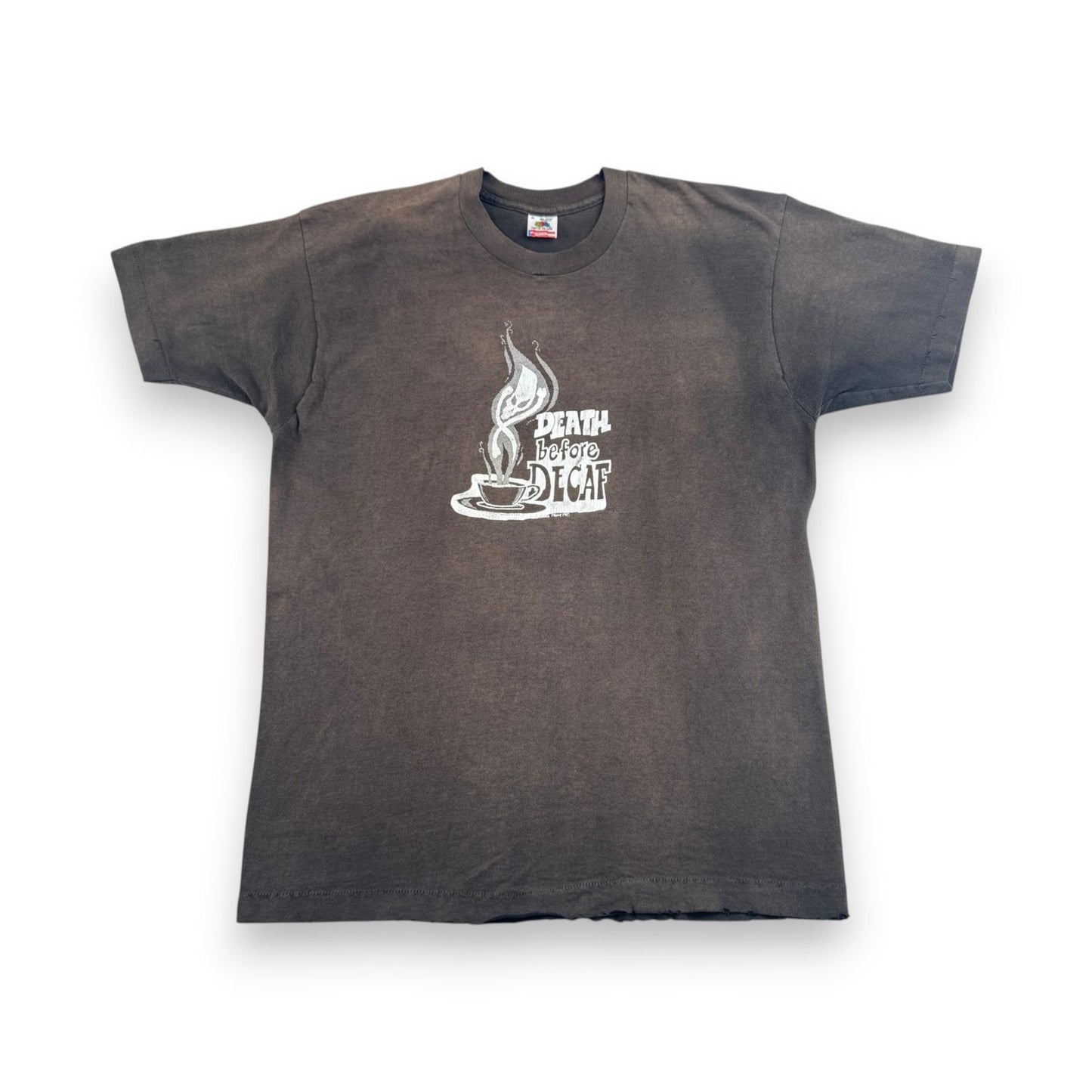 80s コーヒー カフェ Tシャツ DEATH BEFORE DECAF 黒 XL c1987 フェード 鬼フェード シングルステッチ co-x-2505-006