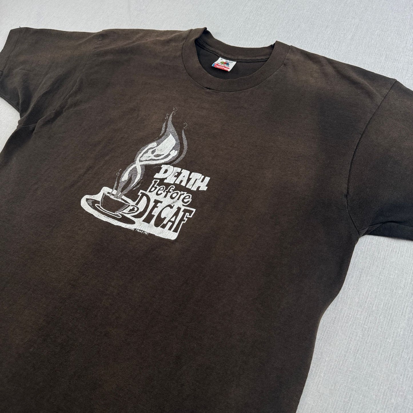 80s コーヒー カフェ Tシャツ DEATH BEFORE DECAF 黒 XL c1987 フェード 鬼フェード シングルステッチ co-x-2505-006