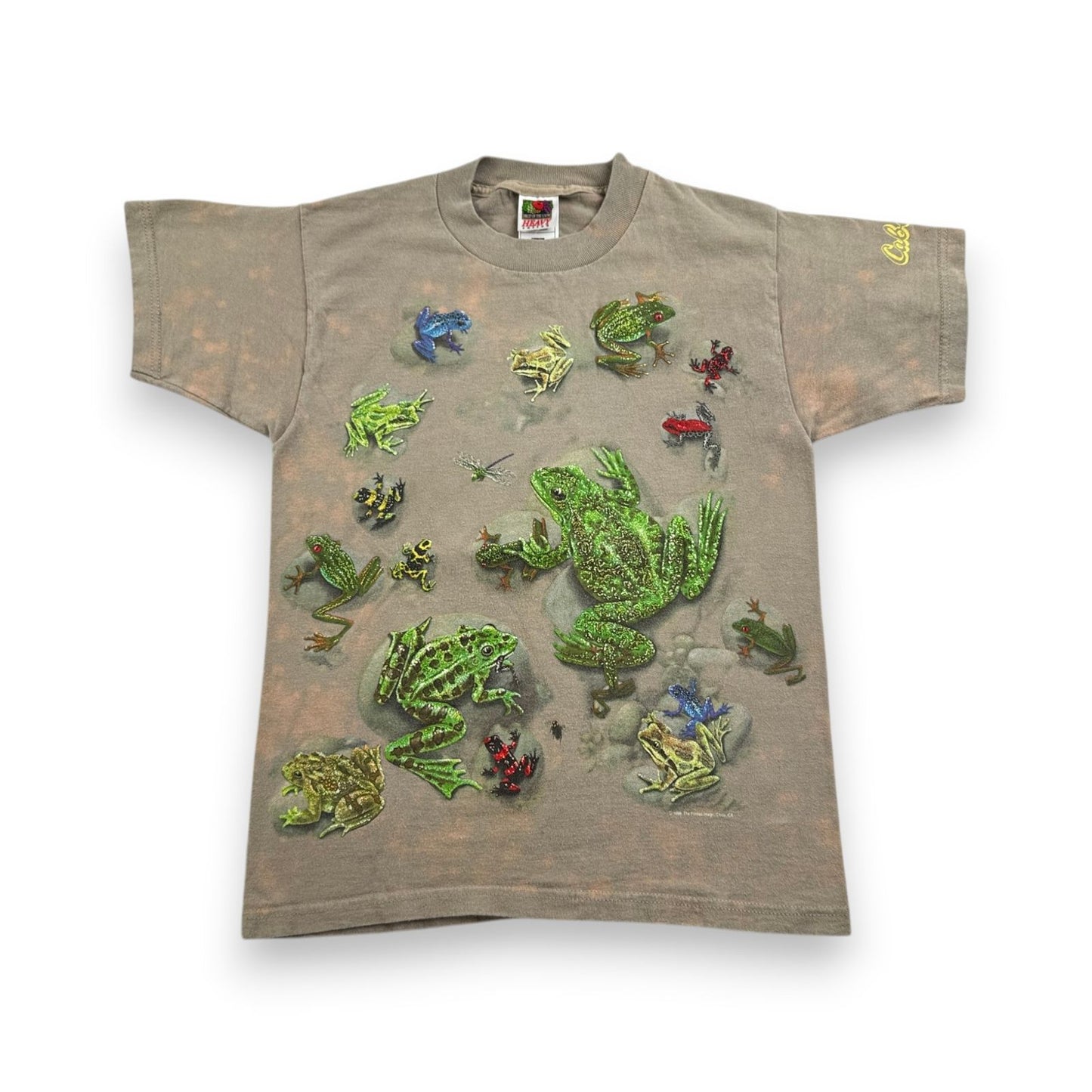 90s カエル 爬虫類 Tシャツ 総柄 両面プリント 蛙 カーキ a-u-2505-019
