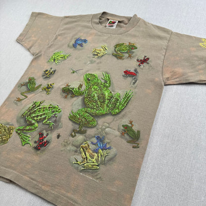 90s カエル 爬虫類 Tシャツ 総柄 両面プリント 蛙 カーキ a-u-2505-019