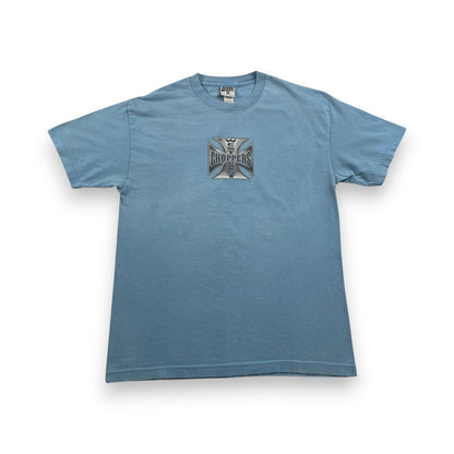 WEST COAST CHOPPERS アイアンクロス 水色 ロゴ 企業 バイク Tシャツ ウエストコーストチョッパーズ USA L long beach co-t-2505-015