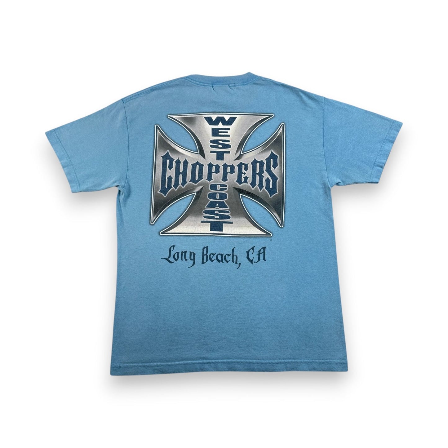 WEST COAST CHOPPERS アイアンクロス 水色 ロゴ 企業 バイク Tシャツ ウエストコーストチョッパーズ USA L long beach co-t-2505-015