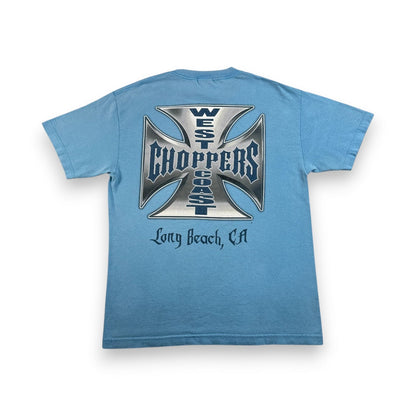 WEST COAST CHOPPERS アイアンクロス 水色 ロゴ 企業 バイク Tシャツ ウエストコーストチョッパーズ USA L long beach co-t-2505-015