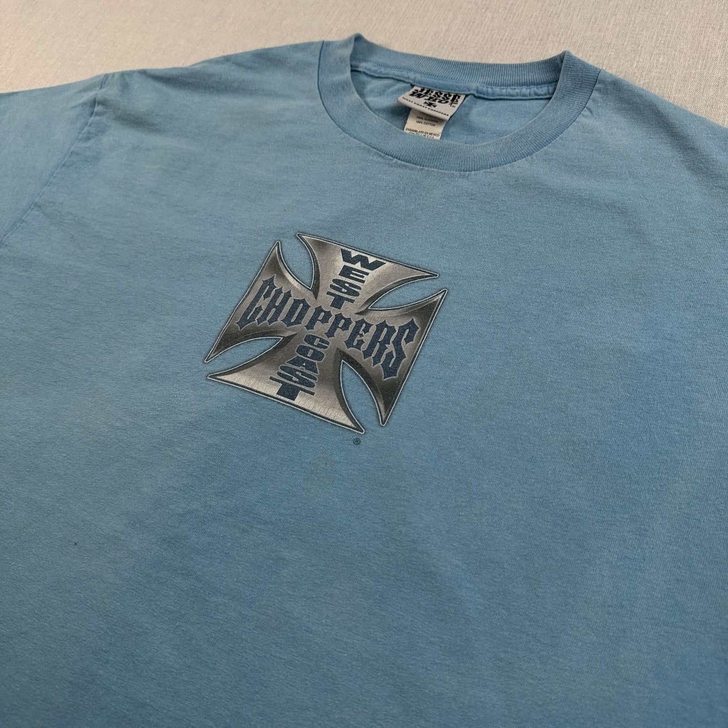 WEST COAST CHOPPERS アイアンクロス 水色 ロゴ 企業 バイク Tシャツ ウエストコーストチョッパーズ USA L long beach co-t-2505-015