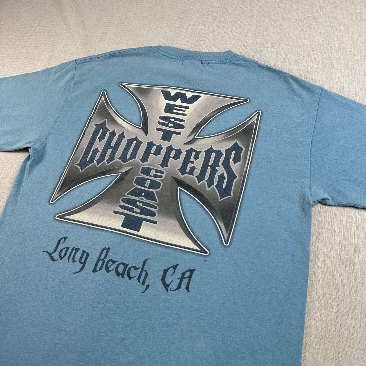 WEST COAST CHOPPERS アイアンクロス 水色 ロゴ 企業 バイク Tシャツ ウエストコーストチョッパーズ USA L long beach co-t-2505-015