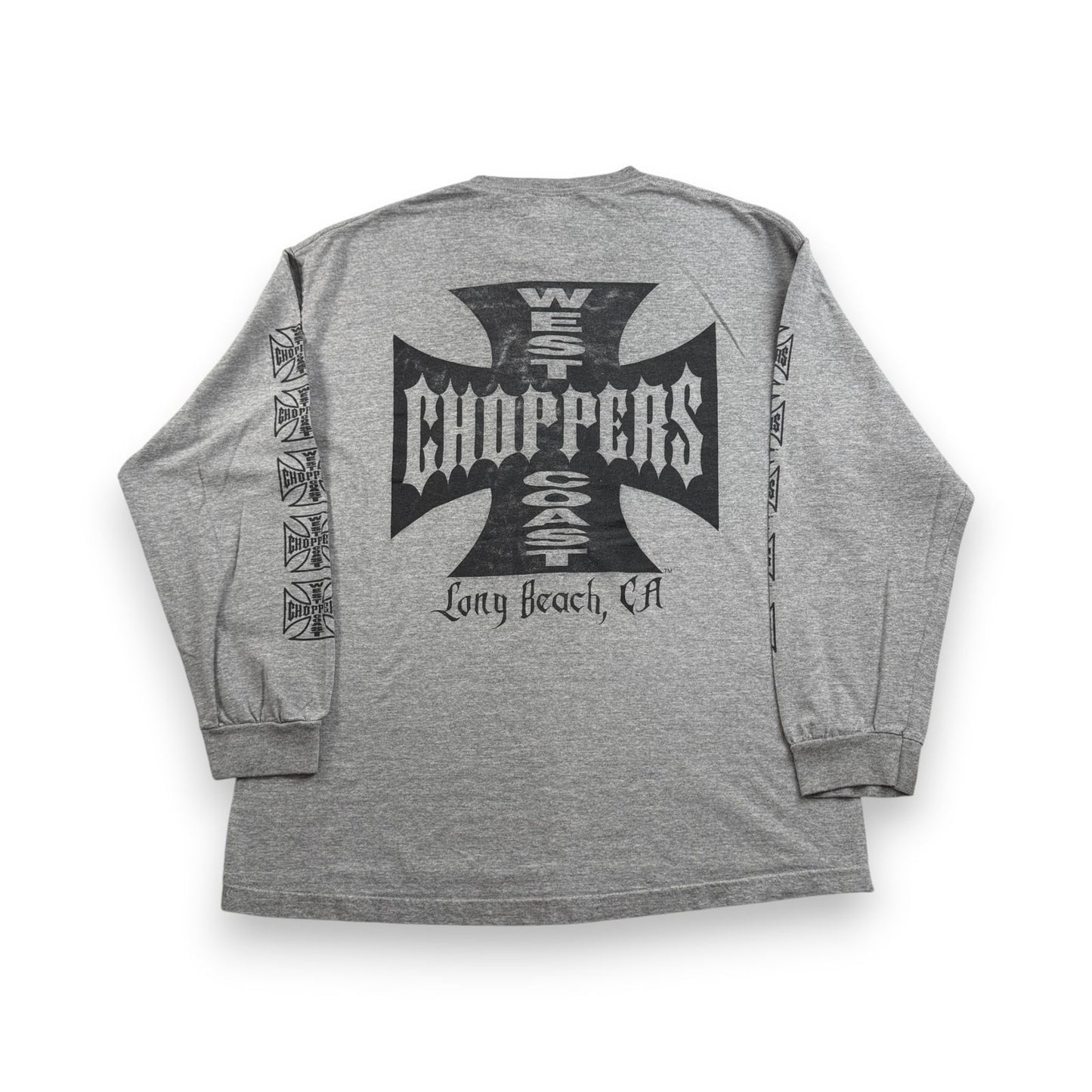 90s 00s WEST COAST CHOPPERS グレー Tシャツ 長袖 ロンT 袖プリント アイアンクロス ウエストコーストチョッパーズ バイク XL フェード co-t-2505-016