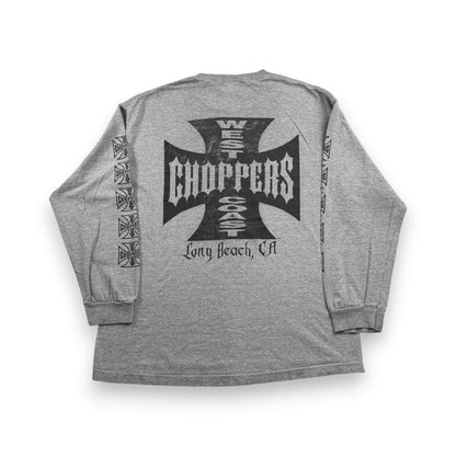 90s 00s WEST COAST CHOPPERS グレー Tシャツ 長袖 ロンT 袖プリント アイアンクロス ウエストコーストチョッパーズ バイク XL フェード co-t-2505-016