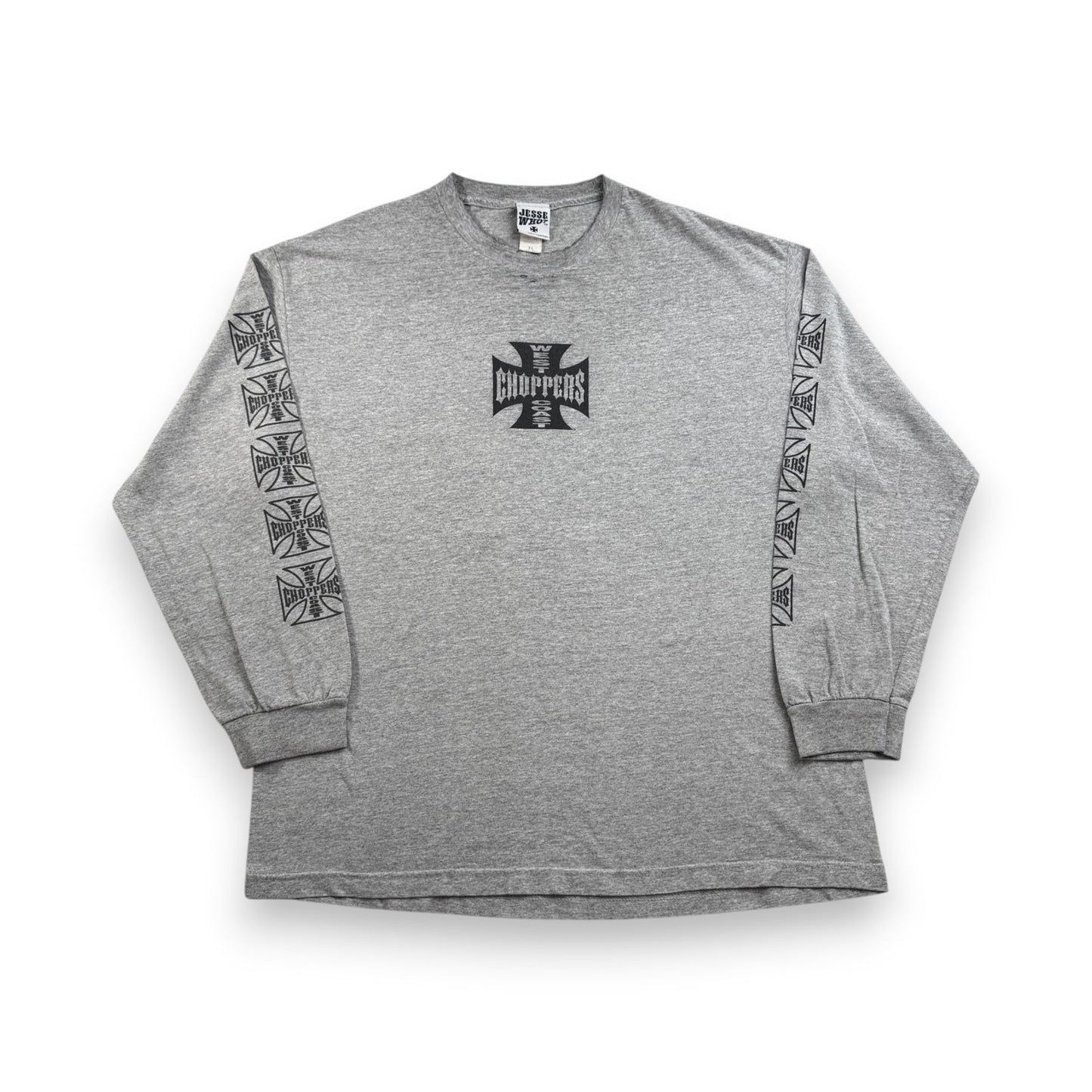 90s 00s WEST COAST CHOPPERS グレー Tシャツ 長袖 ロンT 袖プリント アイアンクロス ウエストコーストチョッパーズ バイク XL フェード co-t-2505-016