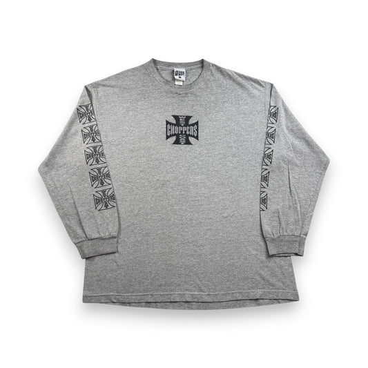 90s 00s WEST COAST CHOPPERS グレー Tシャツ 長袖 ロンT 袖プリント アイアンクロス ウエストコーストチョッパーズ バイク XL フェード co-t-2505-016