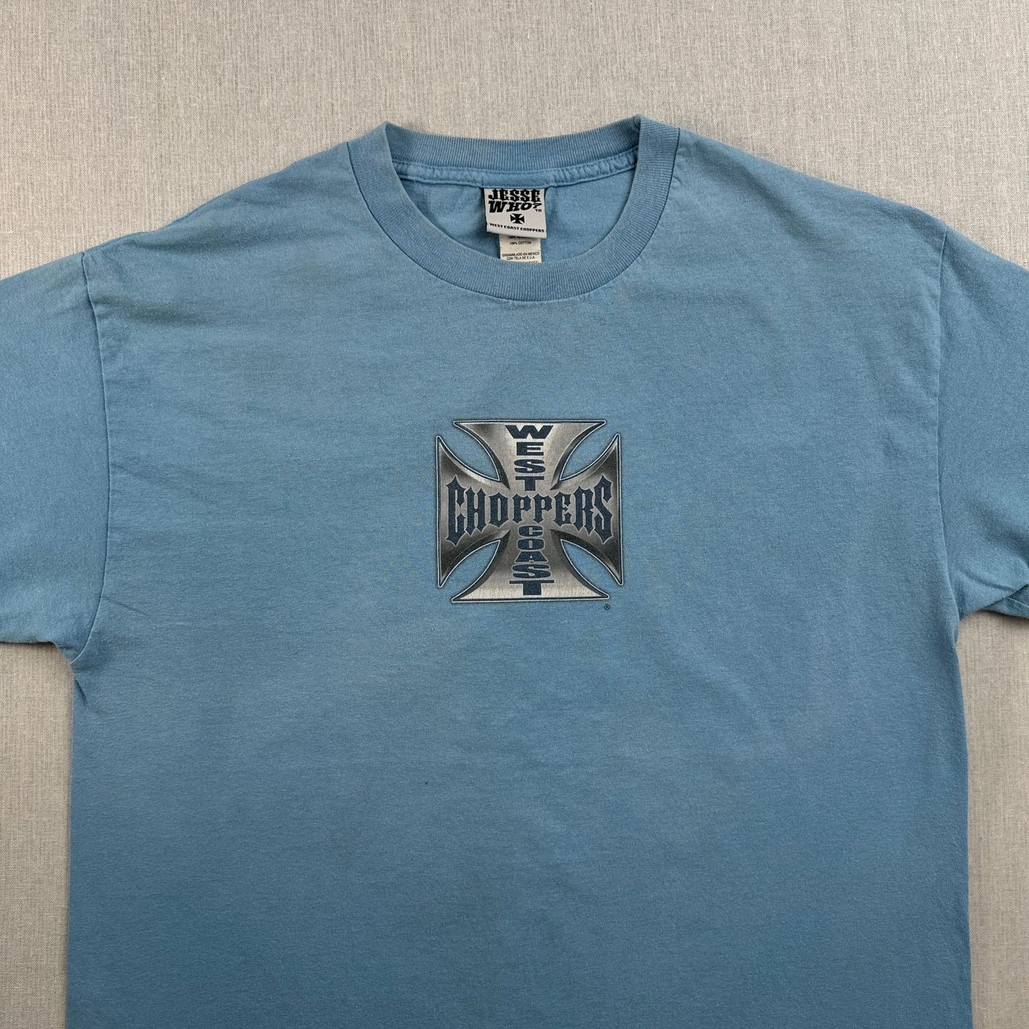 WEST COAST CHOPPERS アイアンクロス 水色 ロゴ 企業 バイク Tシャツ ウエストコーストチョッパーズ USA L long beach co-t-2505-015