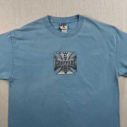 WEST COAST CHOPPERS アイアンクロス 水色 ロゴ 企業 バイク Tシャツ ウエストコーストチョッパーズ USA L long beach co-t-2505-015