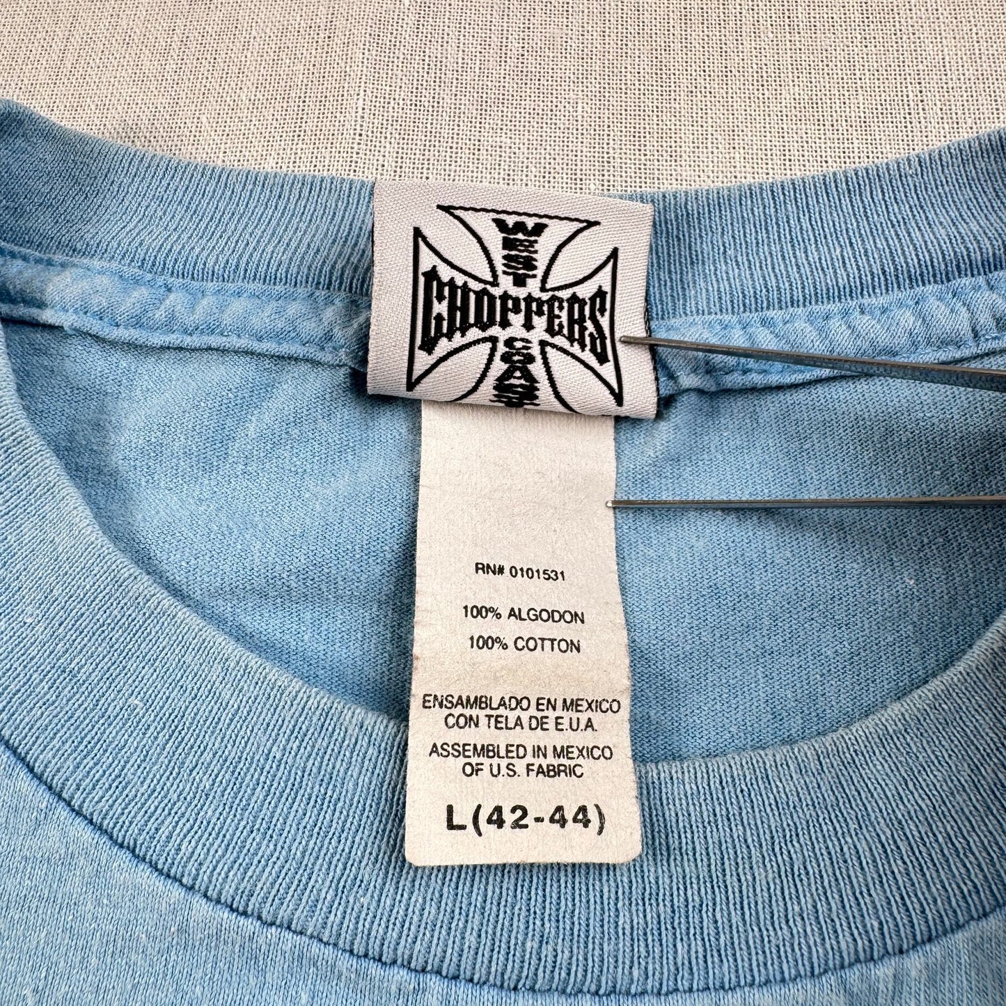 WEST COAST CHOPPERS アイアンクロス 水色 ロゴ 企業 バイク Tシャツ ウエストコーストチョッパーズ USA L long beach co-t-2505-015