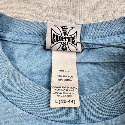WEST COAST CHOPPERS アイアンクロス 水色 ロゴ 企業 バイク Tシャツ ウエストコーストチョッパーズ USA L long beach co-t-2505-015