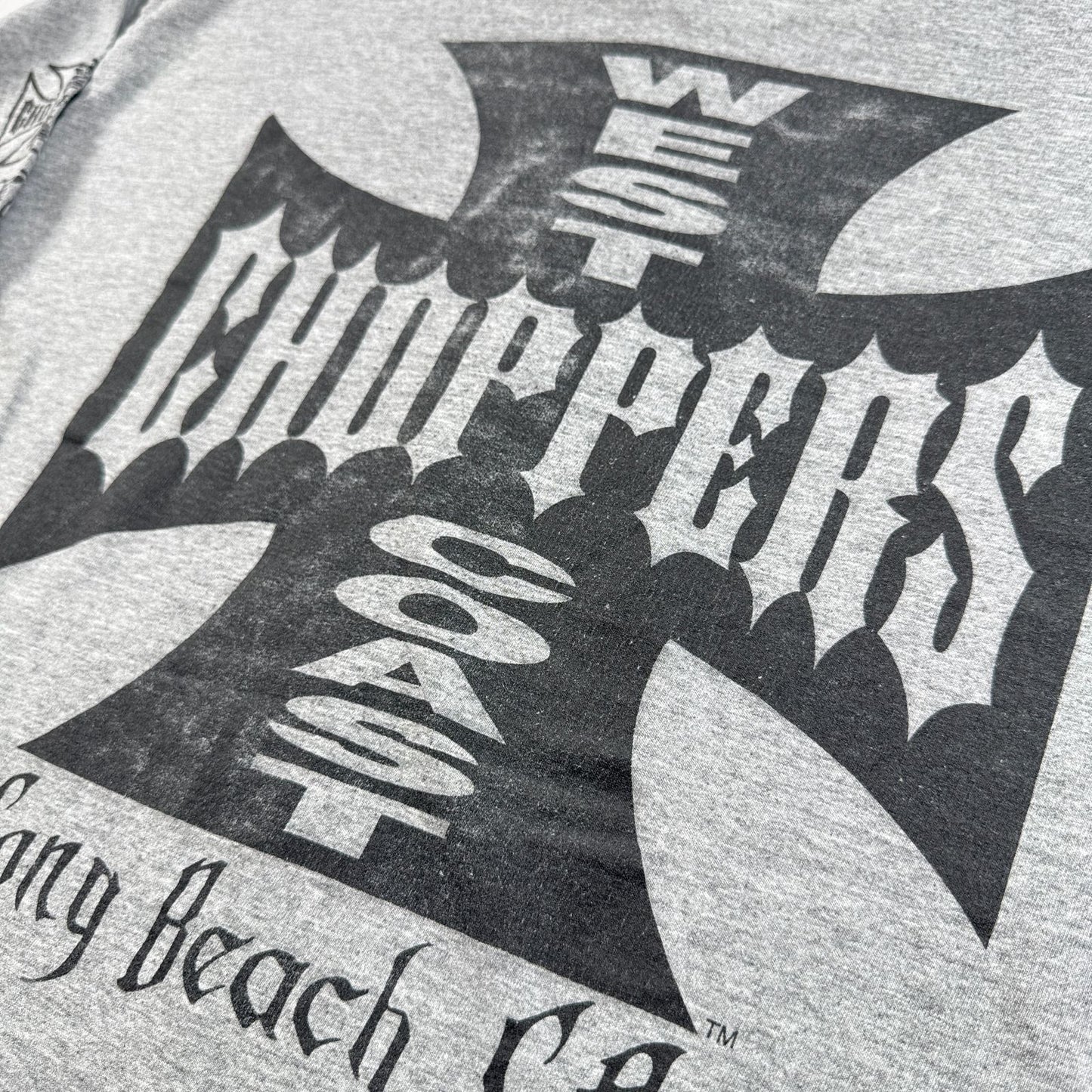 90s 00s WEST COAST CHOPPERS グレー Tシャツ 長袖 ロンT 袖プリント アイアンクロス ウエストコーストチョッパーズ バイク XL フェード co-t-2505-016