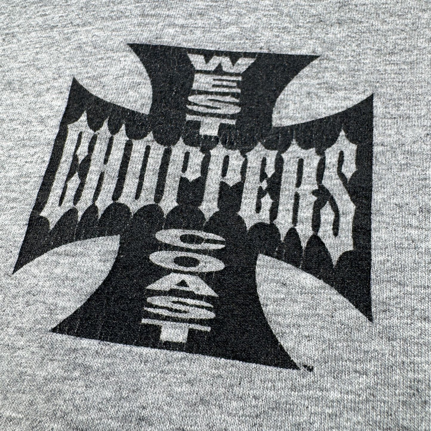 90s 00s WEST COAST CHOPPERS グレー Tシャツ 長袖 ロンT 袖プリント アイアンクロス ウエストコーストチョッパーズ バイク XL フェード co-t-2505-016