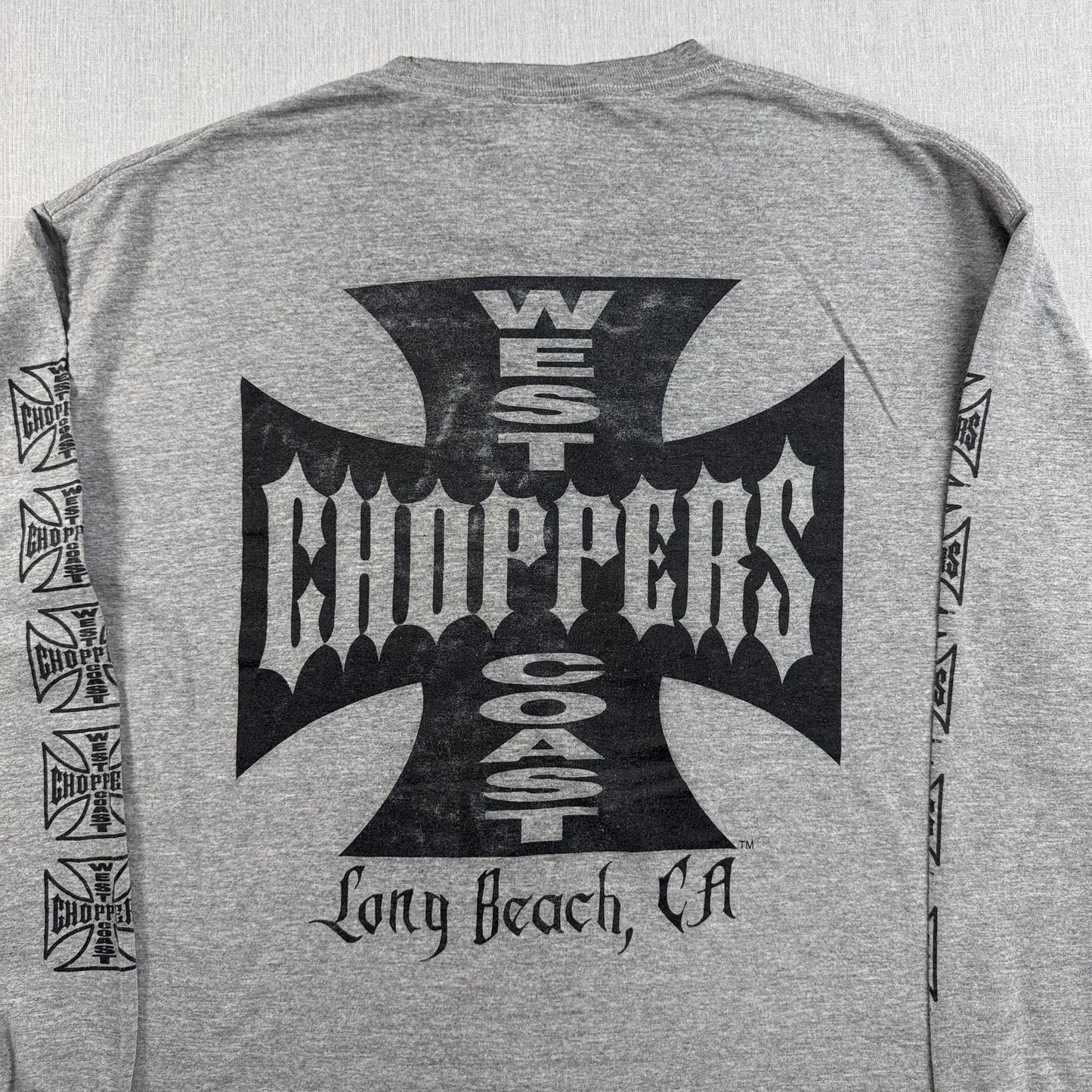 90s 00s WEST COAST CHOPPERS グレー Tシャツ 長袖 ロンT 袖プリント アイアンクロス ウエストコーストチョッパーズ バイク XL フェード co-t-2505-016