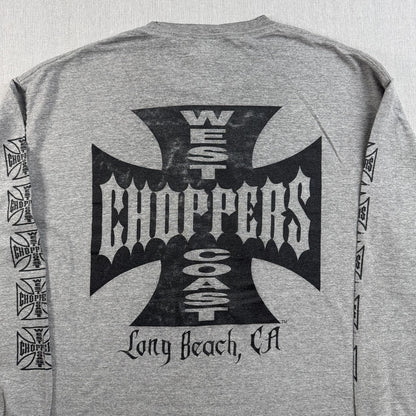 90s 00s WEST COAST CHOPPERS グレー Tシャツ 長袖 ロンT 袖プリント アイアンクロス ウエストコーストチョッパーズ バイク XL フェード co-t-2505-016