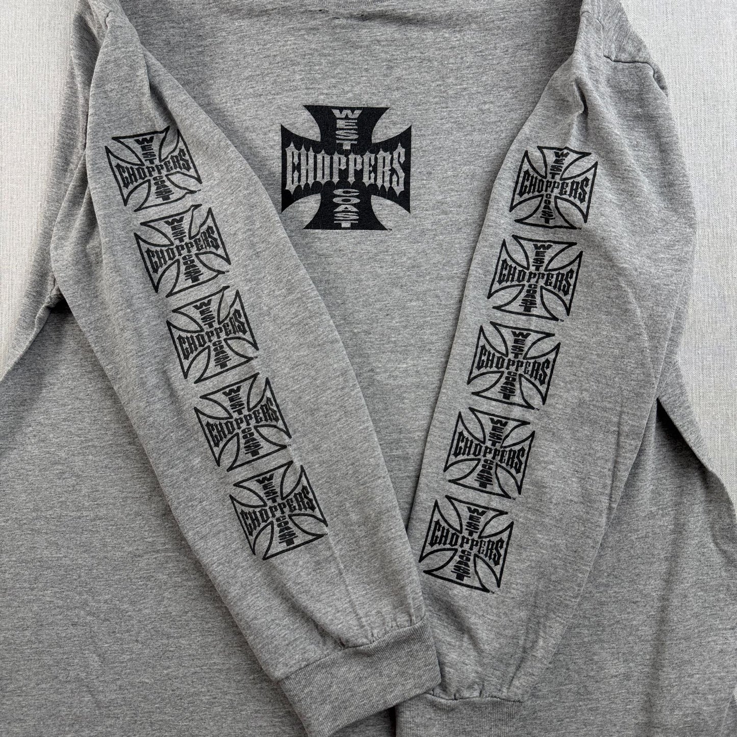 90s 00s WEST COAST CHOPPERS グレー Tシャツ 長袖 ロンT 袖プリント アイアンクロス ウエストコーストチョッパーズ バイク XL フェード co-t-2505-016