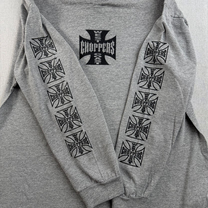 90s 00s WEST COAST CHOPPERS グレー Tシャツ 長袖 ロンT 袖プリント アイアンクロス ウエストコーストチョッパーズ バイク XL フェード co-t-2505-016