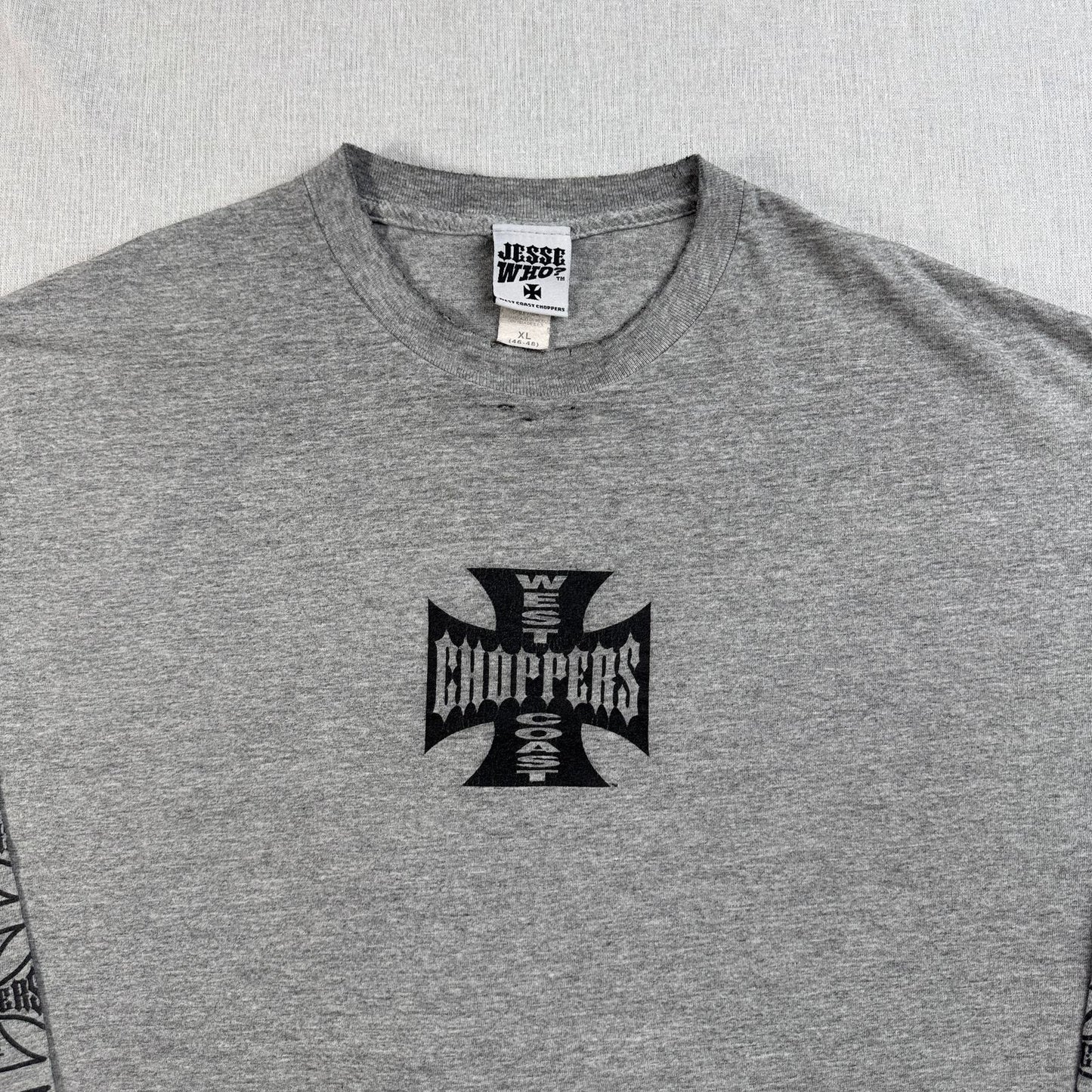 90s 00s WEST COAST CHOPPERS グレー Tシャツ 長袖 ロンT 袖プリント アイアンクロス ウエストコーストチョッパーズ バイク XL フェード co-t-2505-016