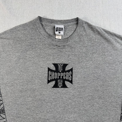 90s 00s WEST COAST CHOPPERS グレー Tシャツ 長袖 ロンT 袖プリント アイアンクロス ウエストコーストチョッパーズ バイク XL フェード co-t-2505-016