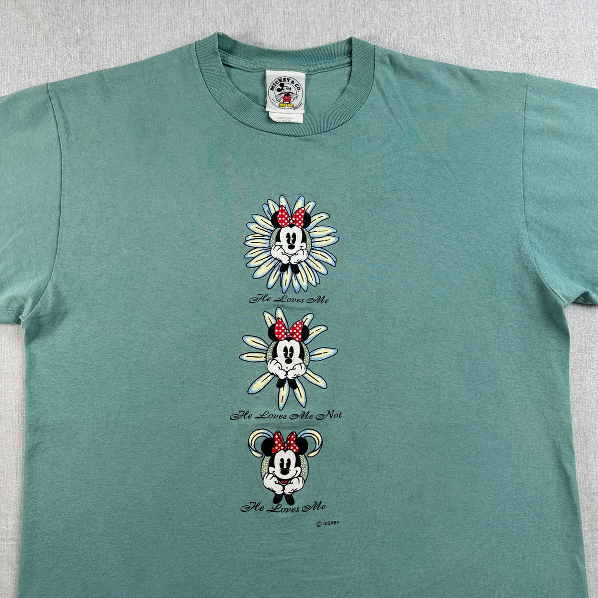 90s ディズニー ミッキー ミニーマウス USA製 Tシャツ ターコイズ disney minnie 花 L 緑 d-u-2505-036