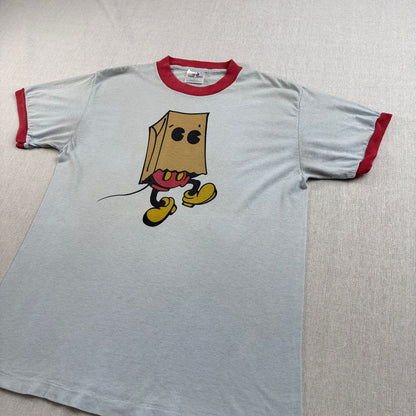 80s 90s ミッキー ディズニー USA製 紙袋ミッキー リンガー Tシャツ 袋被り 水色 シングルステッチ オールドミッキー d-x-2505-002