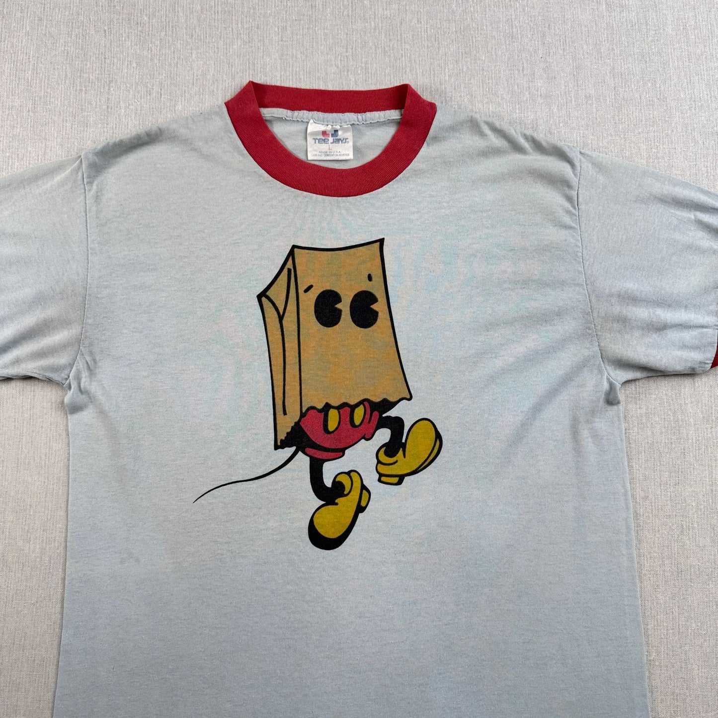 80s 90s ミッキー ディズニー USA製 紙袋ミッキー リンガー Tシャツ 袋被り 水色 シングルステッチ オールドミッキー d-x-2505-002