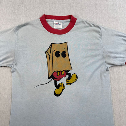 80s 90s ミッキー ディズニー USA製 紙袋ミッキー リンガー Tシャツ 袋被り 水色 シングルステッチ オールドミッキー d-x-2505-002