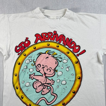 80s 90s イタリア語 赤ちゃん Tシャツ STO ARRIVANDO 白 シングルステッチ o-u-2505-033