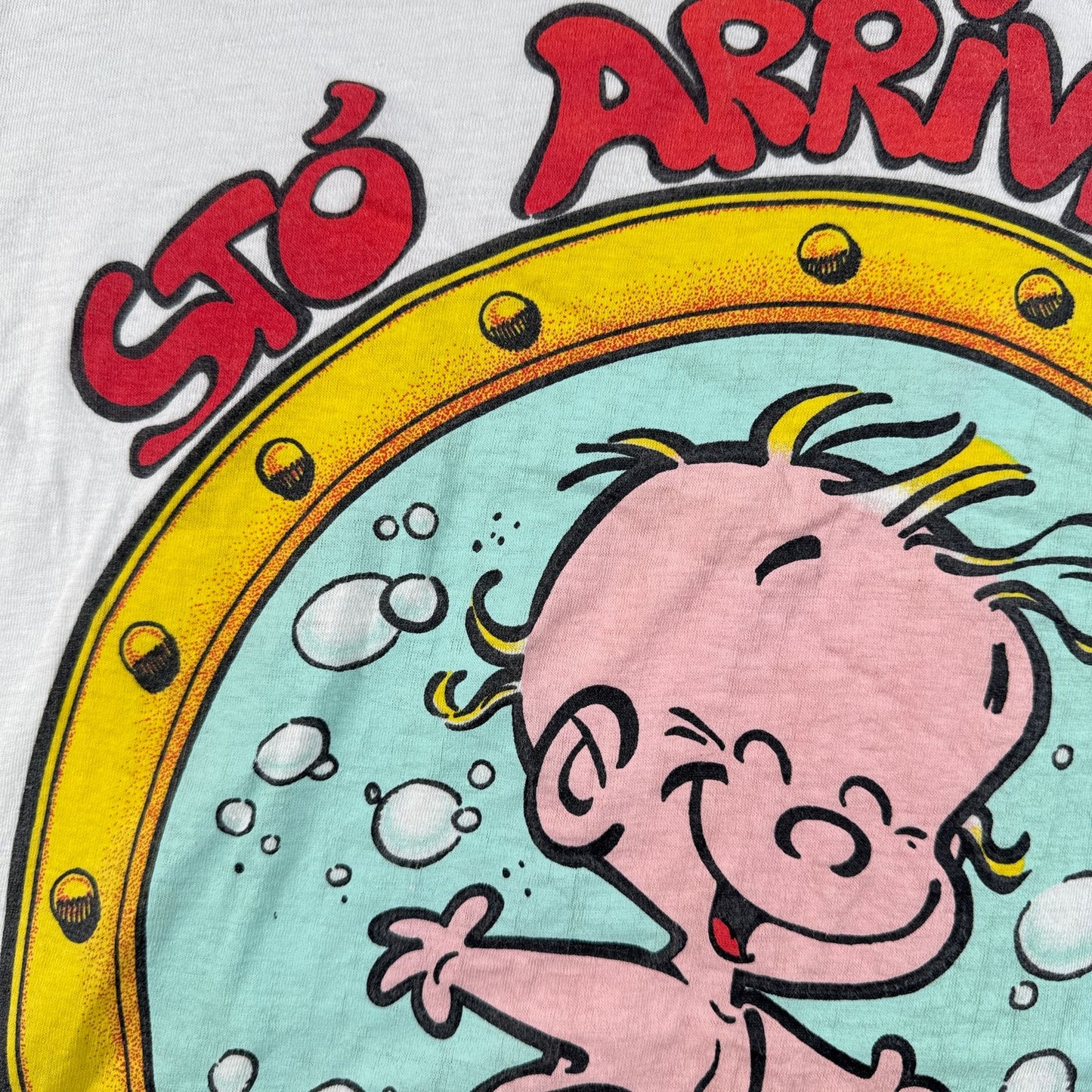 80s 90s イタリア語 赤ちゃん Tシャツ STO ARRIVANDO 白 シングルステッチ o-u-2505-033