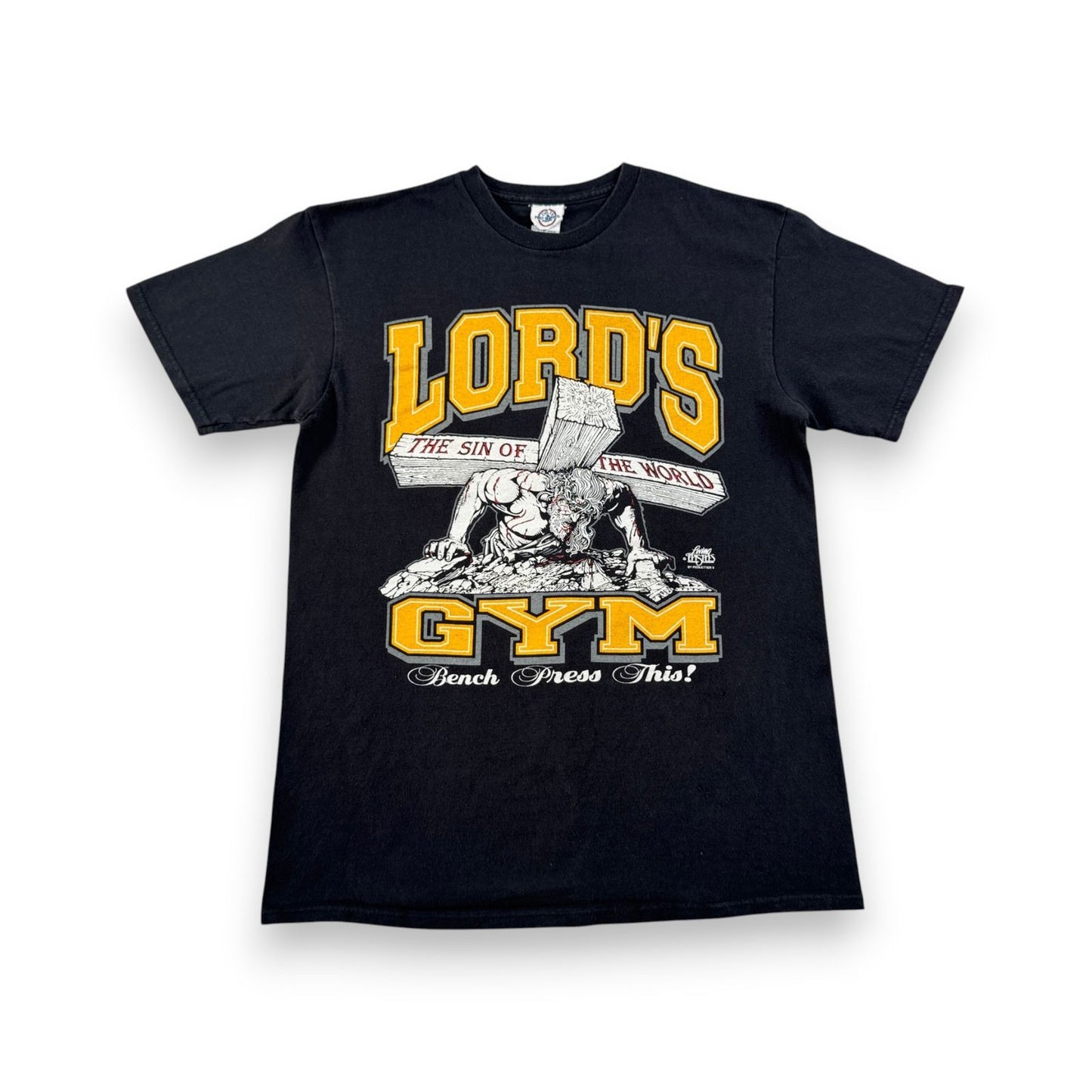 00s LORD'S GYM キリスト ローズジム Tシャツ ベンチプレス ジーザス his pain your gain M 黒 o-u-2505-044