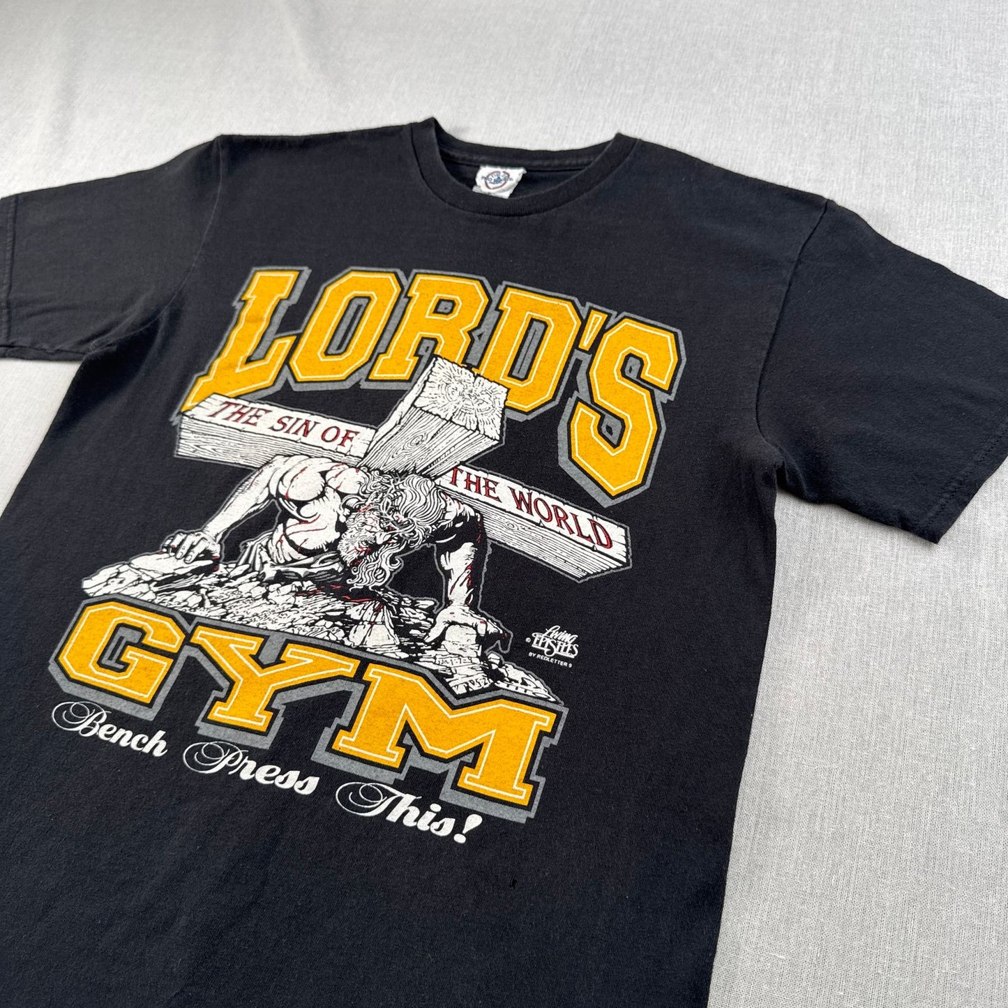 00s LORD'S GYM キリスト ローズジム Tシャツ ベンチプレス ジーザス his pain your gain M 黒 o-u-2505-044