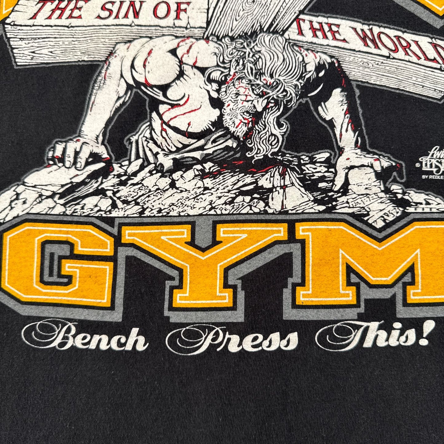 00s LORD'S GYM キリスト ローズジム Tシャツ ベンチプレス ジーザス his pain your gain M 黒 o-u-2505-044