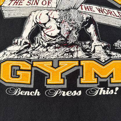 00s LORD'S GYM キリスト ローズジム Tシャツ ベンチプレス ジーザス his pain your gain M 黒 o-u-2505-044