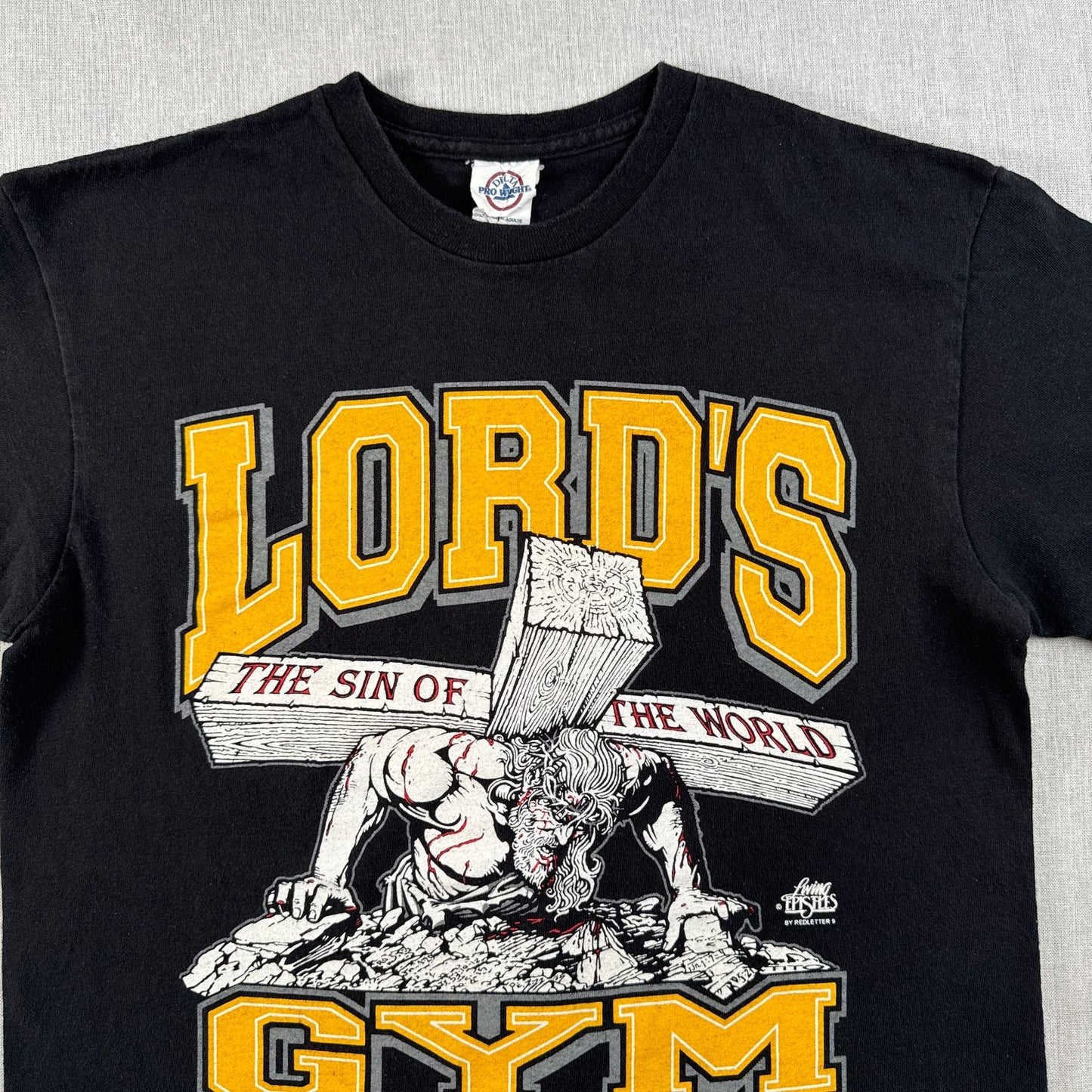 00s LORD'S GYM キリスト ローズジム Tシャツ ベンチプレス ジーザス his pain your gain M 黒 o-u-2505-044