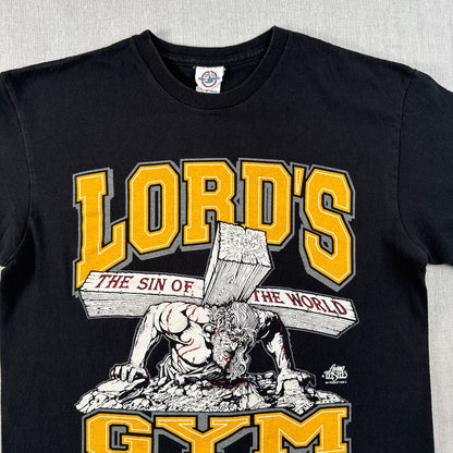 00s LORD'S GYM キリスト ローズジム Tシャツ ベンチプレス ジーザス his pain your gain M 黒 o-u-2505-044